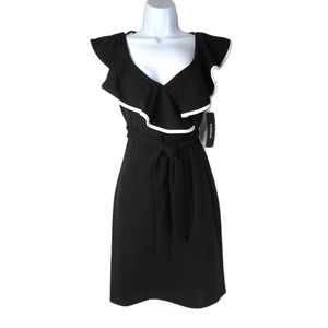 bebe Black White Dress XS Ruffle Flounce Belt Low Neck Sleeveless (RK127 RK128)